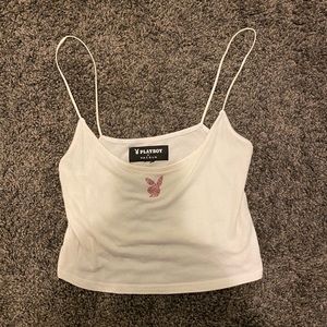 PacSun Playboy Rhinestone White Cropped Tank Top